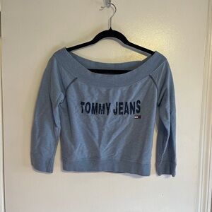 Vintage “Tommy Jeans” Girl Blue Off-Shoulder cropped quarter sleeve Sweatshirt